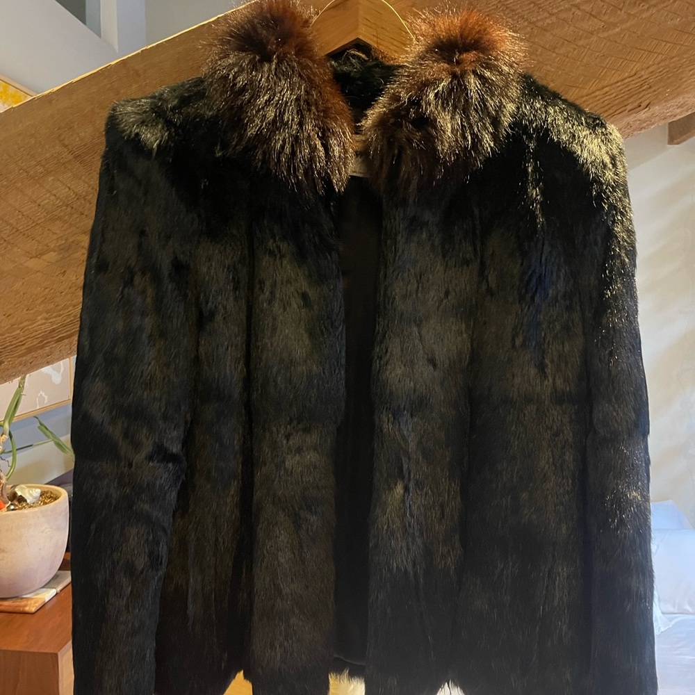 Vintage Black Rabbit Fur Jacket with Brown Collar